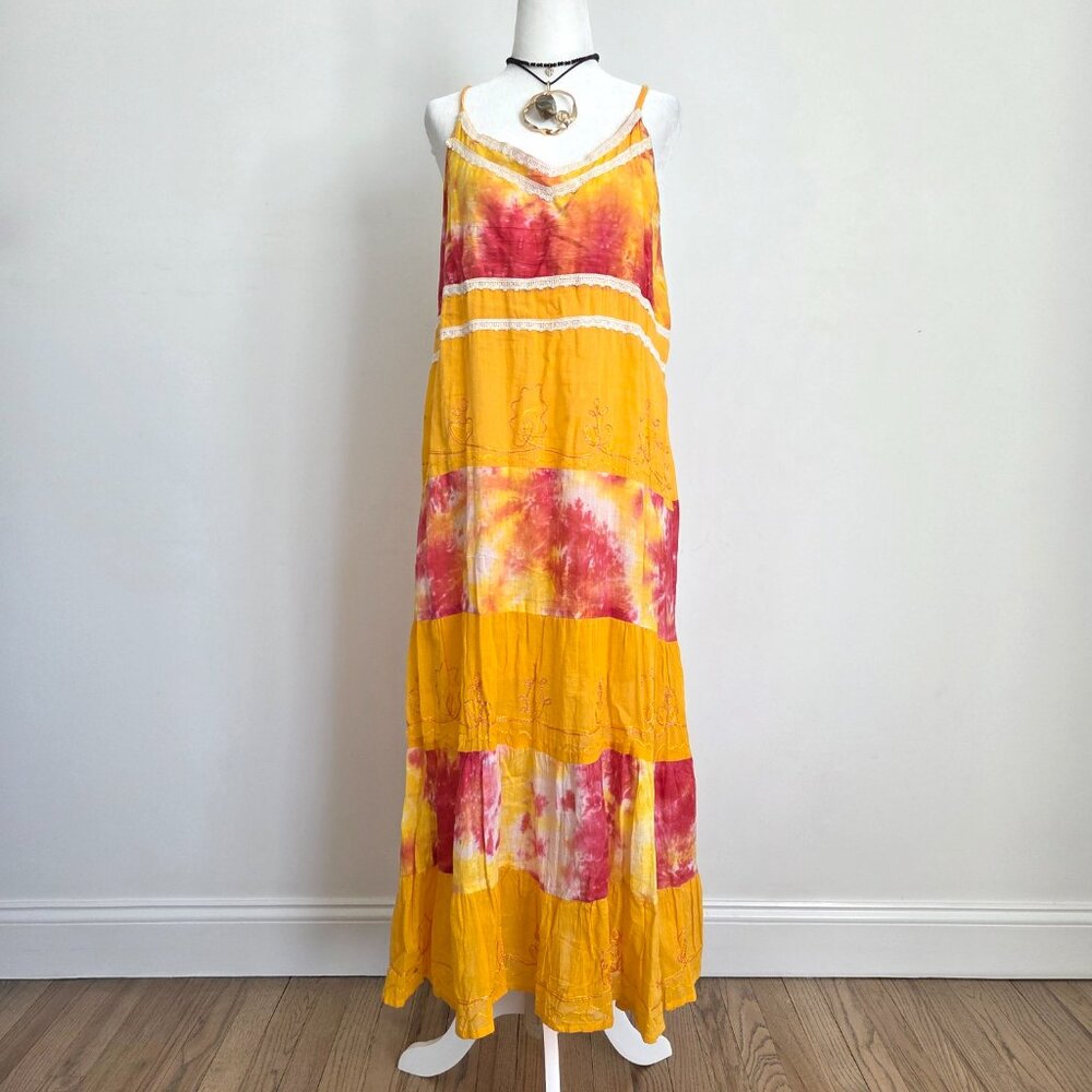 Y2K California Breeze Tie Dye‎ Maxi Dress Tiered Crochet Yellow Pink Medium